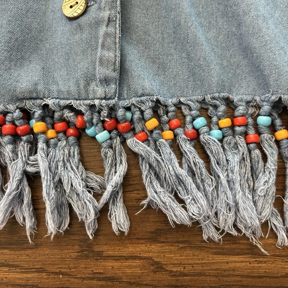 Stonebridge 1X Chambray‎ Denim Beaded Fringe Hem Shirt Festival Western Plus - Picture 5 of 13